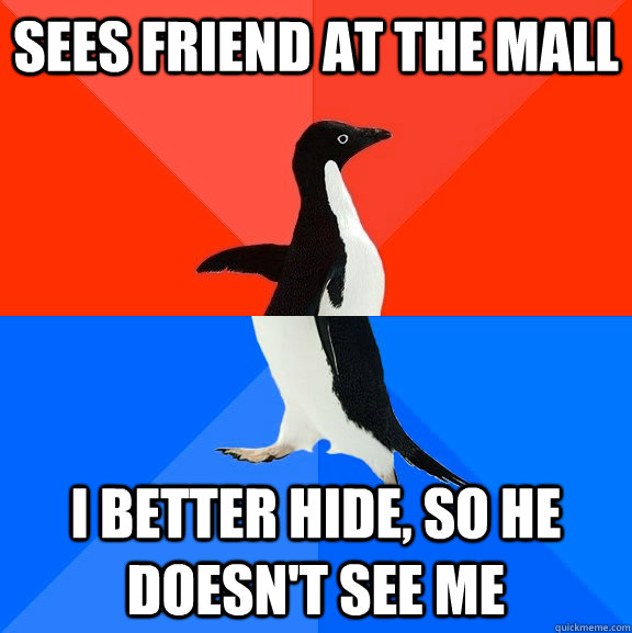SEES FRIEND AT THE MALL I BETTER HIDE, SO HE DOESN'T SEE ME  Socially Awesome Awkward Penguin