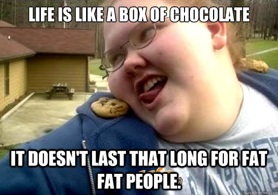 LIFE IS LIKE A BOX OF CHOCOLATE  IT DOESN'T LAST THAT LONG FOR FAT FAT PEOPLE.  Cookie shoulder girl