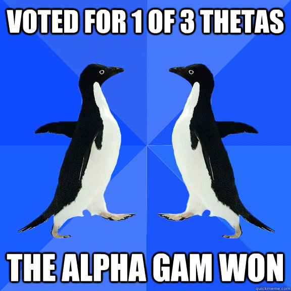 voted for 1 of 3 thetas the alpha gam won - voted for 1 of 3 thetas the alpha gam won  Dancing penguins