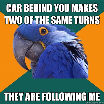 car behind you makes two of the same turns they are following me  Paranoid Parrot