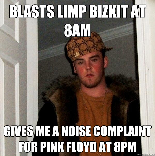 Blasts limp bizkit at 8am gives me a noise complaint for pink floyd at 8pm  Scumbag Steve