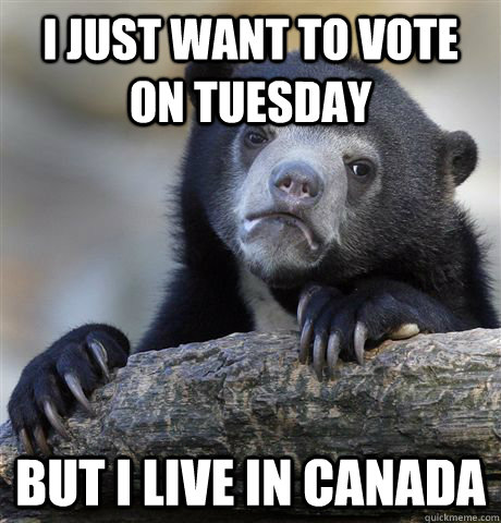 I just want to vote on tuesday But I live in Canada  Confession Bear