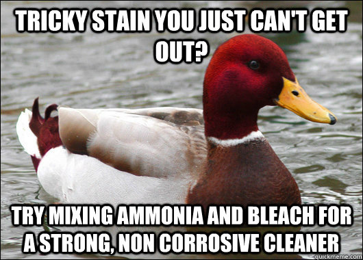 Tricky stain you just can't get out? try mixing ammonia and bleach for a strong, non corrosive cleaner   Malicious Advice Mallard