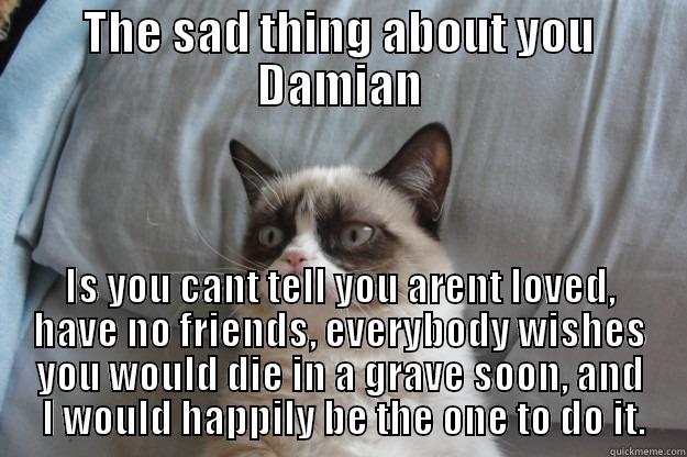 THE SAD THING ABOUT YOU DAMIAN IS YOU CANT TELL YOU ARENT LOVED, HAVE NO FRIENDS, EVERYBODY WISHES YOU WOULD DIE IN A GRAVE SOON, AND  I WOULD HAPPILY BE THE ONE TO DO IT. Grumpy Cat