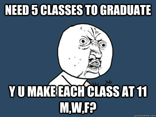 Need 5 classes to graduate y u make each class at 11 m,w,f?  Y U No