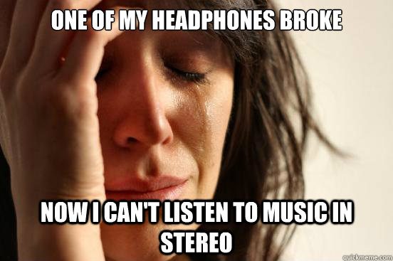 One of my headphones broke Now I can't listen to music in stereo   First World Problems