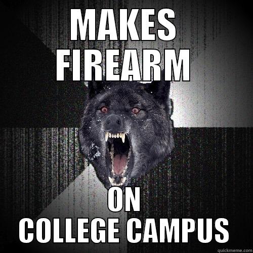 MAKES FIREARM ON COLLEGE CAMPUS Insanity Wolf