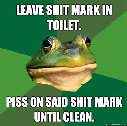Leave shit mark in toilet. Piss on said shit mark until clean.  Foul Bachelor Frog