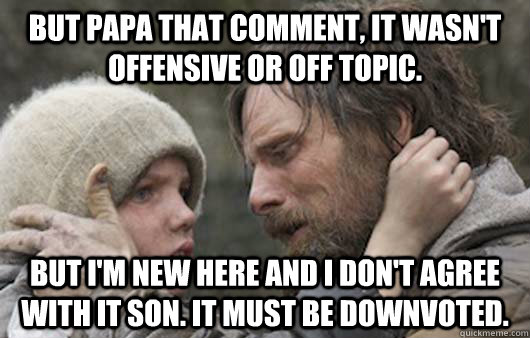 but papa that comment, it wasn't offensive or off topic. but i'm new here and I don't agree with it son. It must be downvoted.  Viggo Explains Reddit