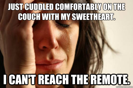 Just cuddled comfortably on the couch with my sweetheart. I can't reach the remote.  First World Problems