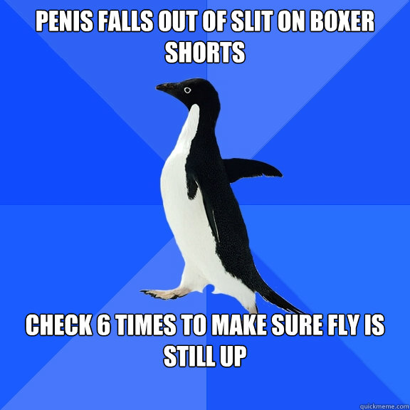 penis falls out of slit on boxer shorts check 6 times to make sure fly is still up  Socially Awkward Penguin