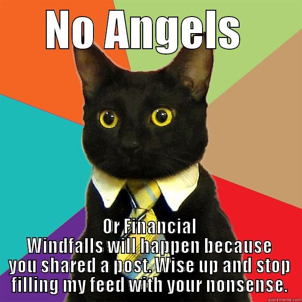 NO ANGELS  OR FINANCIAL WINDFALLS WILL HAPPEN BECAUSE YOU SHARED A POST. WISE UP AND STOP FILLING MY FEED WITH YOUR NONSENSE. Business Cat