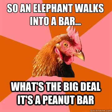 so An elephant walks into a bar... what's the big deal it's a peanut bar  Anti-Joke Chicken