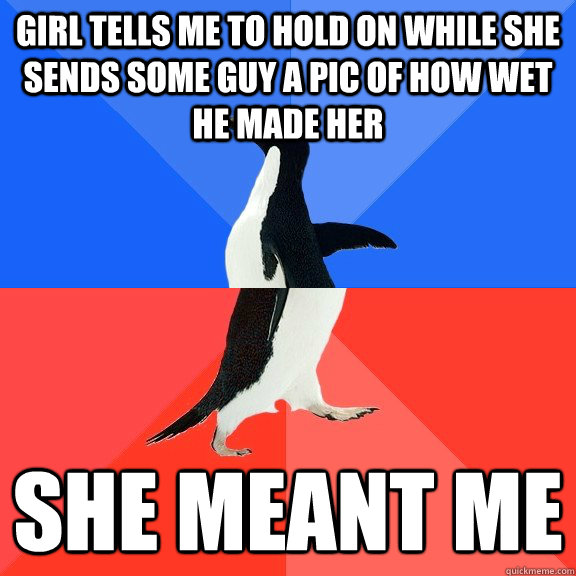 Girl tells me to hold on while she sends some guy a pic of how wet he made her She meant me  Socially Awkward Awesome Penguin