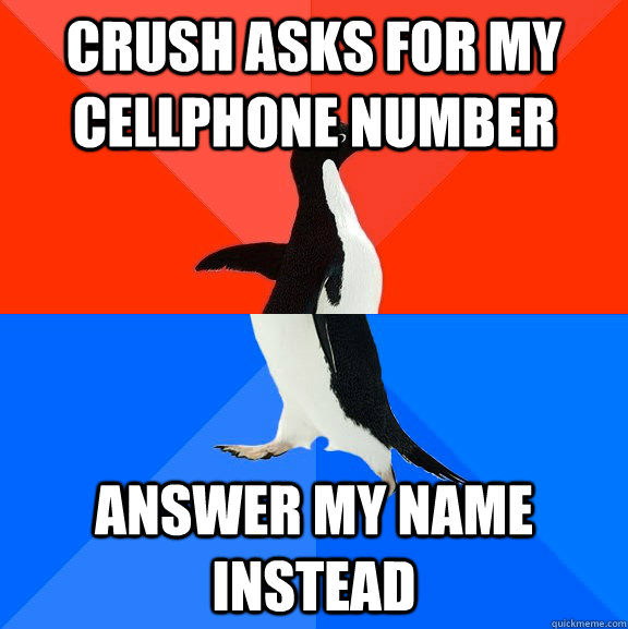 crush asks for my cellphone number answer my name instead  Socially Awesome Awkward Penguin