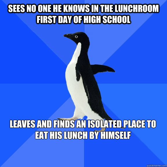 Sees no one he knows in the lunchroom first day of high school Leaves and finds an isolated place to eat his lunch by himself  Socially Awkward Penguin