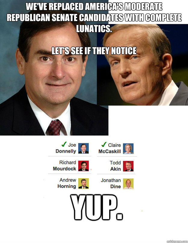 we've replaced america's moderate republican senate candidates with complete lunatics. 

let's see if they notice yup. - we've replaced america's moderate republican senate candidates with complete lunatics. 

let's see if they notice yup.  Misc