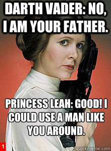 Darth Vader: No, I am your father. Princess Leah: Good! I could use a man like you around. 
+ - Darth Vader: No, I am your father. Princess Leah: Good! I could use a man like you around. 
+  Scumbag Princess Leia