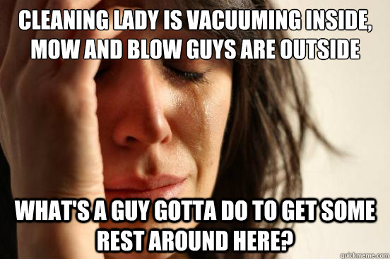 Cleaning lady is vacuuming inside, mow and blow guys are outside What's a guy gotta do to get some rest around here?  First World Problems