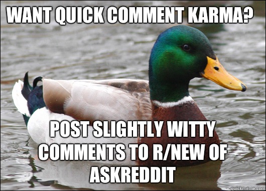 Want quick comment karma? Post slightly witty comments to r/new of askreddit  Actual Advice Mallard