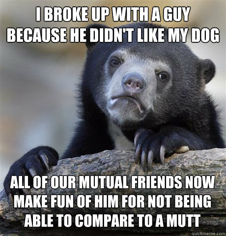 I BROKE UP WITH A GUY BECAUSE HE DIDN'T LIKE MY DOG ALL OF OUR MUTUAL FRIENDS NOW MAKE FUN OF HIM FOR NOT BEING ABLE TO COMPARE TO A MUTT  Confession Bear