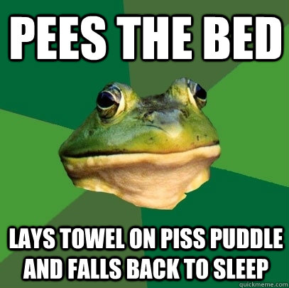 PEES THE BED LAYS TOWEL ON PISS PUDDLE AND FALLS BACK TO SLEEP  Foul Bachelor Frog