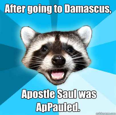 After going to Damascus,  Apostle Saul was ApPauled.  Lame Pun Coon