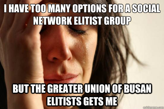 I have too many options for a social network elitist group but The Greater Union of Busan Elitists gets me  First World Problems