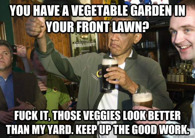 You have a vegetable garden in your front lawn? Fuck it, those veggies look better than my yard. Keep up the good work.  BARACK OBAMA APPROVES