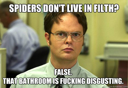 Spiders don't live in filth? False. 
That bathroom is fucking disgusting. - Spiders don't live in filth? False. 
That bathroom is fucking disgusting.  Dwight