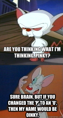 Are you thinking what I'm thinking, Pinky? Sure Brain. But if you changed the 'P' to an 'O', then my name would be Oinky. - Are you thinking what I'm thinking, Pinky? Sure Brain. But if you changed the 'P' to an 'O', then my name would be Oinky.  Pinky and the Brain