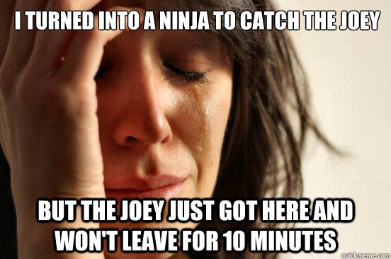 i turned into a ninja to catch the joey but the joey just got here and won't leave for 10 minutes - i turned into a ninja to catch the joey but the joey just got here and won't leave for 10 minutes  First World Problems