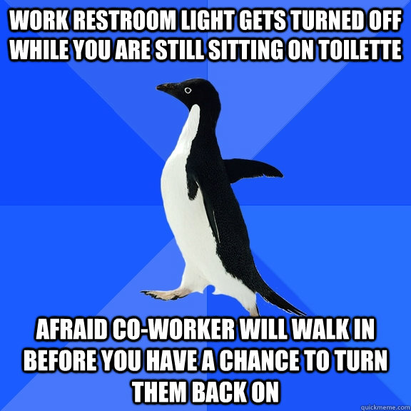Work Restroom light gets turned off while you are still sitting on toilette afraid co-worker will walk in before you have a chance to turn them back on  Socially Awkward Penguin