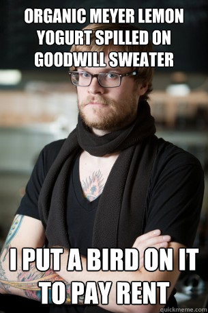 Organic meyer lemon yogurt spilled on goodwill sweater I put a bird on it to pay rent  Hipster Barista