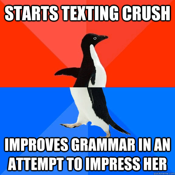 Starts texting crush improves grammar in an attempt to impress her   Socially Awesome Awkward Penguin