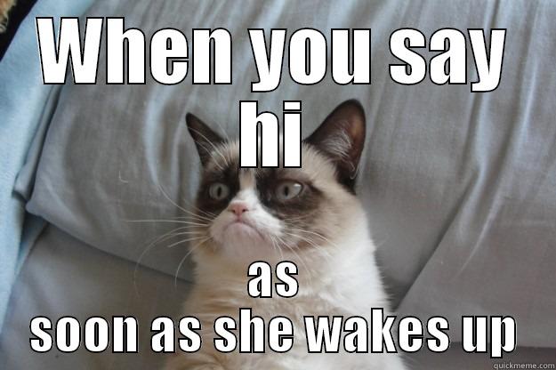 WHEN YOU SAY HI AS SOON AS SHE WAKES UP Grumpy Cat
