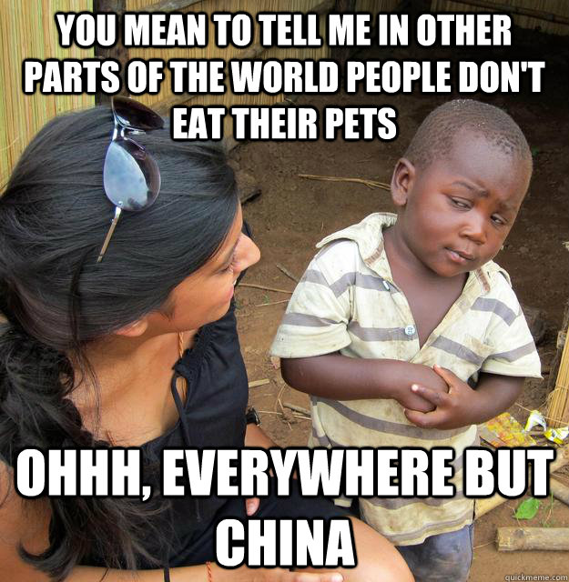 you mean to tell me in other parts of the world people don't eat their pets ohhh, everywhere but China   Skeptical Third World Kid