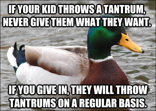 If your kid throws a tantrum, never give them what they want. If you give in, they will throw tantrums on a regular basis. - If your kid throws a tantrum, never give them what they want. If you give in, they will throw tantrums on a regular basis.  Actual Advice Mallard