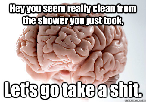 Hey you seem really clean from the shower you just took, Let's go take a shit.  Scumbag Brain