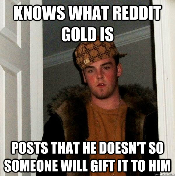 Knows what Reddit gold is Posts that he doesn't so someone will gift it to him  Scumbag Steve