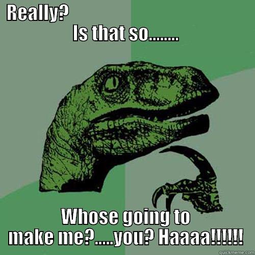 REALLY?                                                  IS THAT SO........ WHOSE GOING TO MAKE ME?.....YOU? HAAAA!!!!!! Philosoraptor