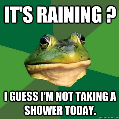 It's raining ? I guess I'm not taking a shower today.  Foul Bachelor Frog