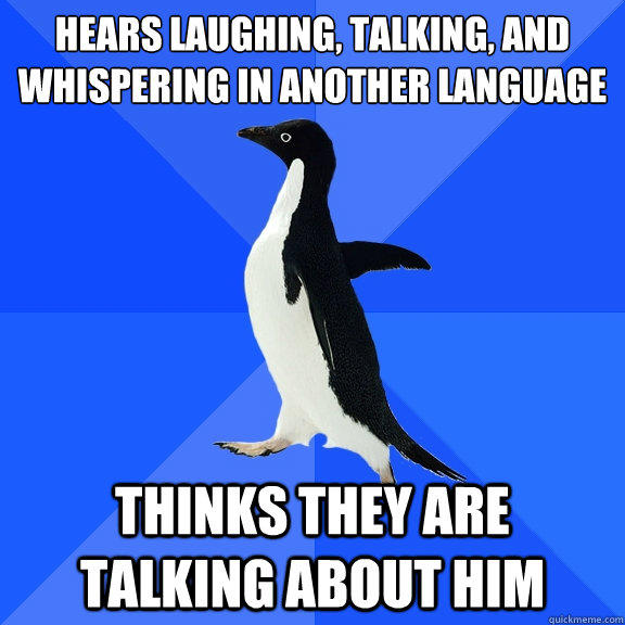 Hears laughing, talking, and whispering in another language
 thinks they are talking about him  Socially Awkward Penguin
