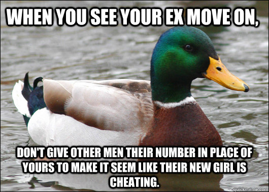 When you see your ex move on, Don't give other men their number in place of yours to make it seem like their new girl is cheating. - When you see your ex move on, Don't give other men their number in place of yours to make it seem like their new girl is cheating.  Actual Advice Mallard