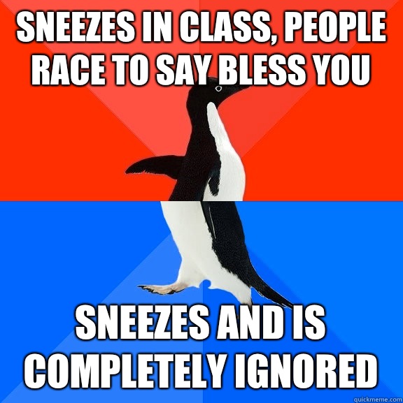 Sneezes in class, people race to say bless you Sneezes and is completely ignored   Socially Awesome Awkward Penguin
