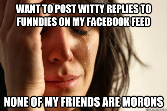 Want to post witty replies to funndies on my facebook feed None of my friends are morons  First World Problems