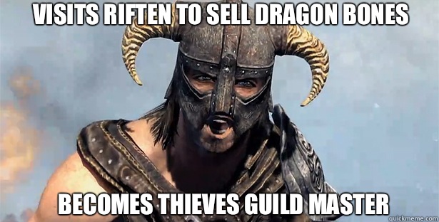 Visits Riften to sell dragon bones Becomes Thieves guild master  skyrim