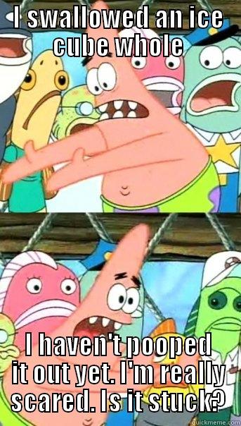 I SWALLOWED AN ICE CUBE WHOLE I HAVEN'T POOPED IT OUT YET. I'M REALLY SCARED. IS IT STUCK? Push it somewhere else Patrick