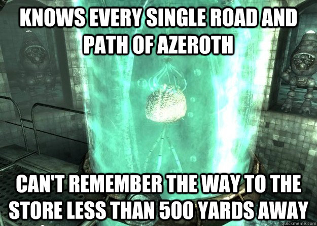 Knows every single road and path of Azeroth  can't remember the way to the store less than 500 yards away  