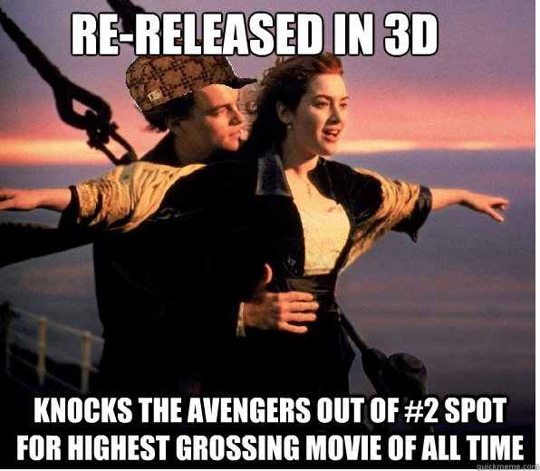 Re-released in 3d Knocks the avengers out of #2 spot for highest grossing movie of all time  
